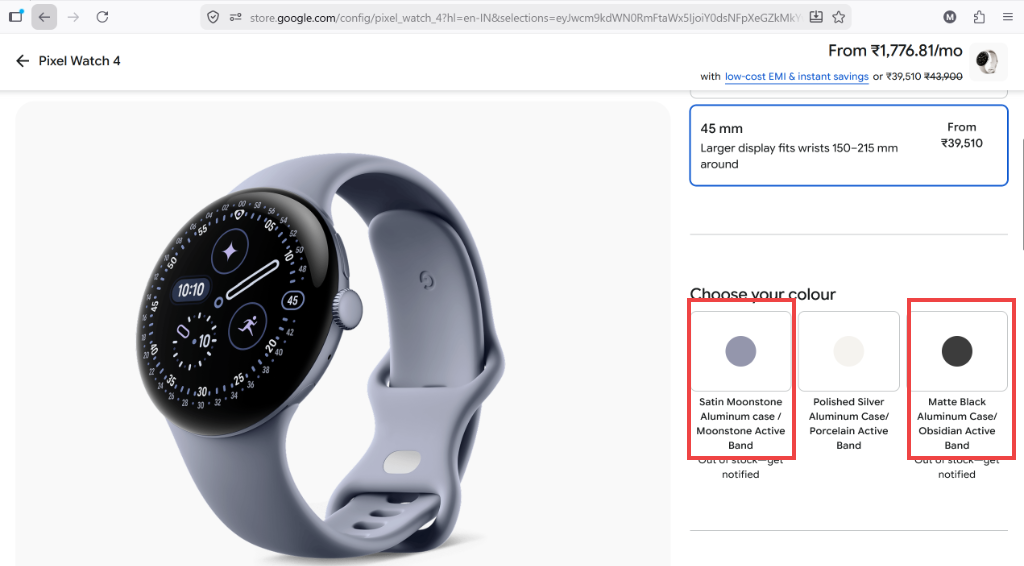 Google Store India Pixel Watch 4 45mm Stock